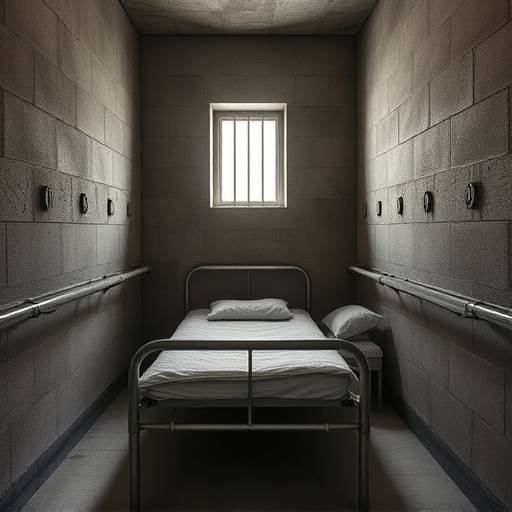 Imagen del interior de una celda en la prisión de Folsom, California, mostrando una cama de metal sencilla, paredes de hormigón y una pequeña ventana enrejada, reflejando la dureza y el aislamiento de esta prisión icónica.
